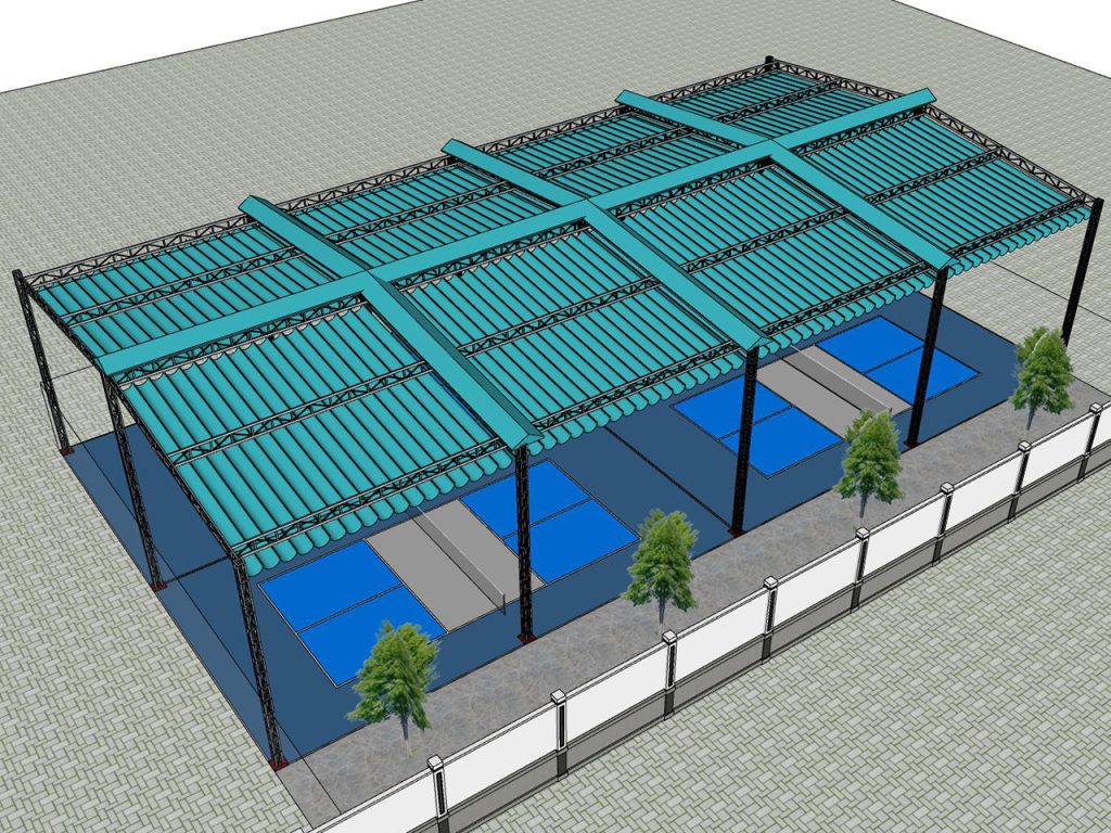 “Hệ thống sân pickleball ngoài trời với mái che hiện đại, nhiều sân thi đấu được bố trí song song và khung thép bao quanh.”